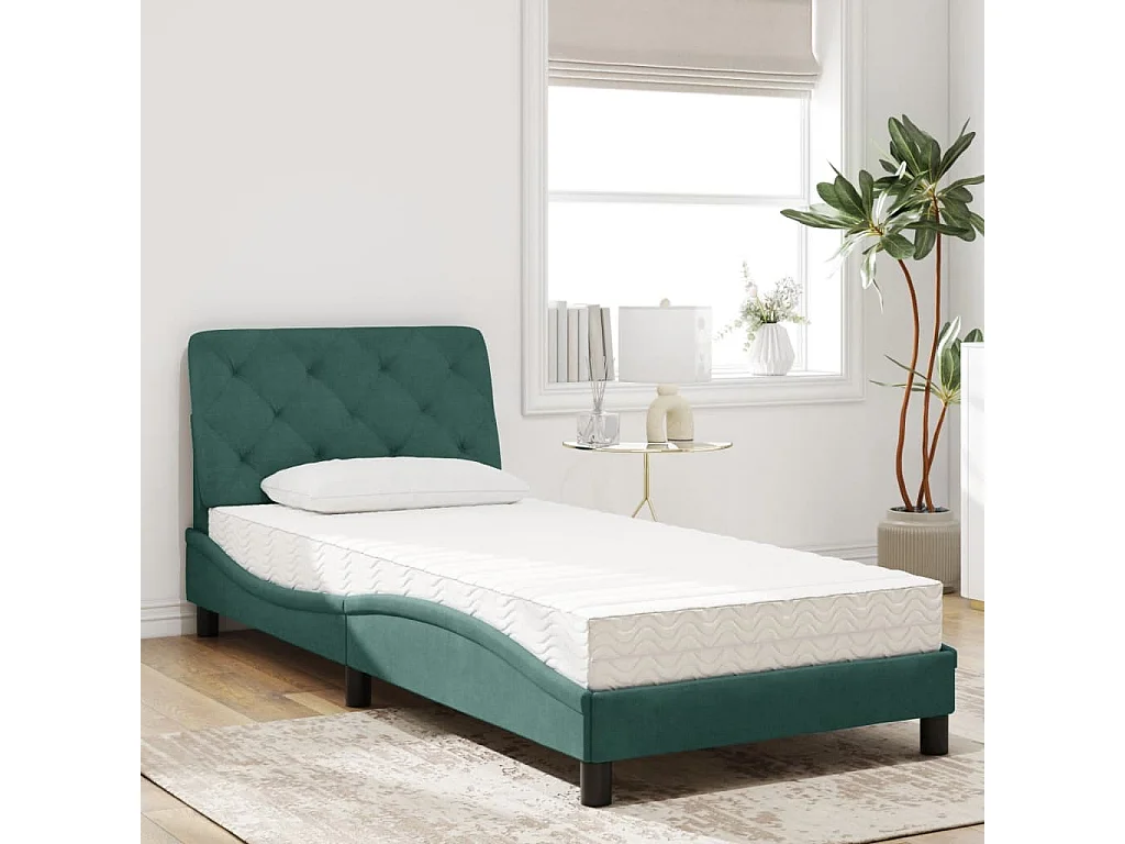 Lit avec matelas vert foncé 90x190 cm velours