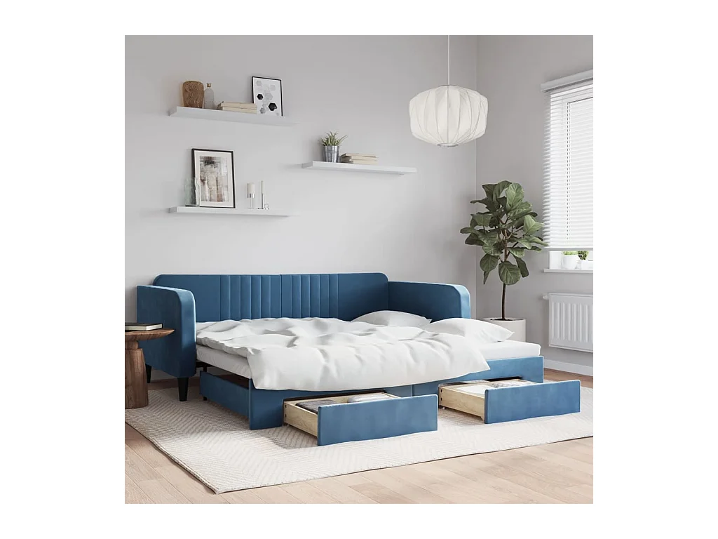 Divano letto con rotelle e cassetti senza materasso blu 100x200cm