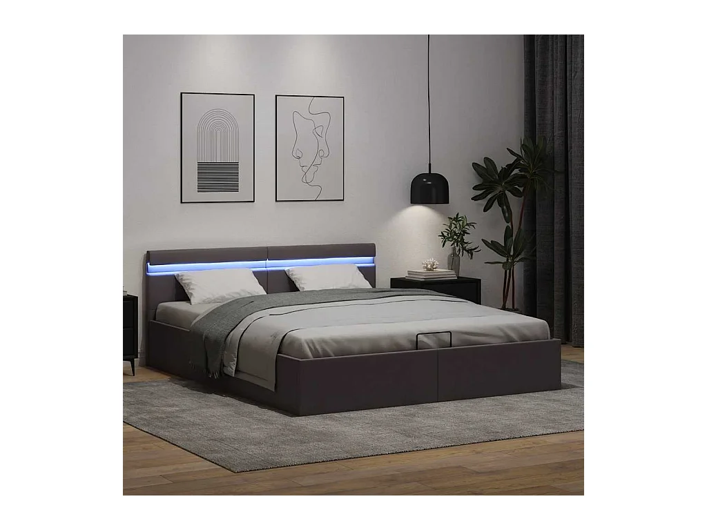 Grijs kunstleren bedframe met opbergruimte en LED-verlichting 160x200 cm