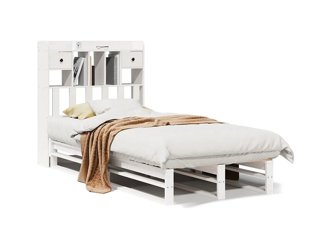 Lit bibliothèque sans matelas blanc 90x190cm bois de pin massif