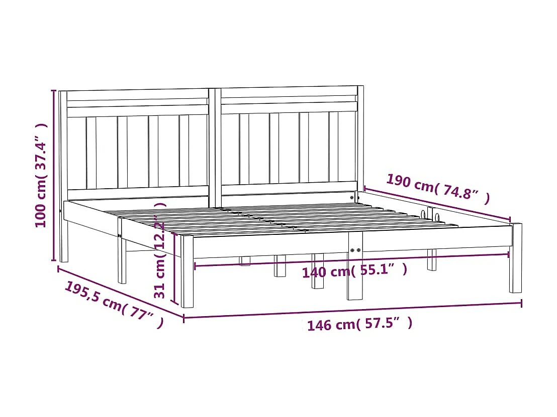 Struttura letto senza materasso in legno massello nero 140x190 cm