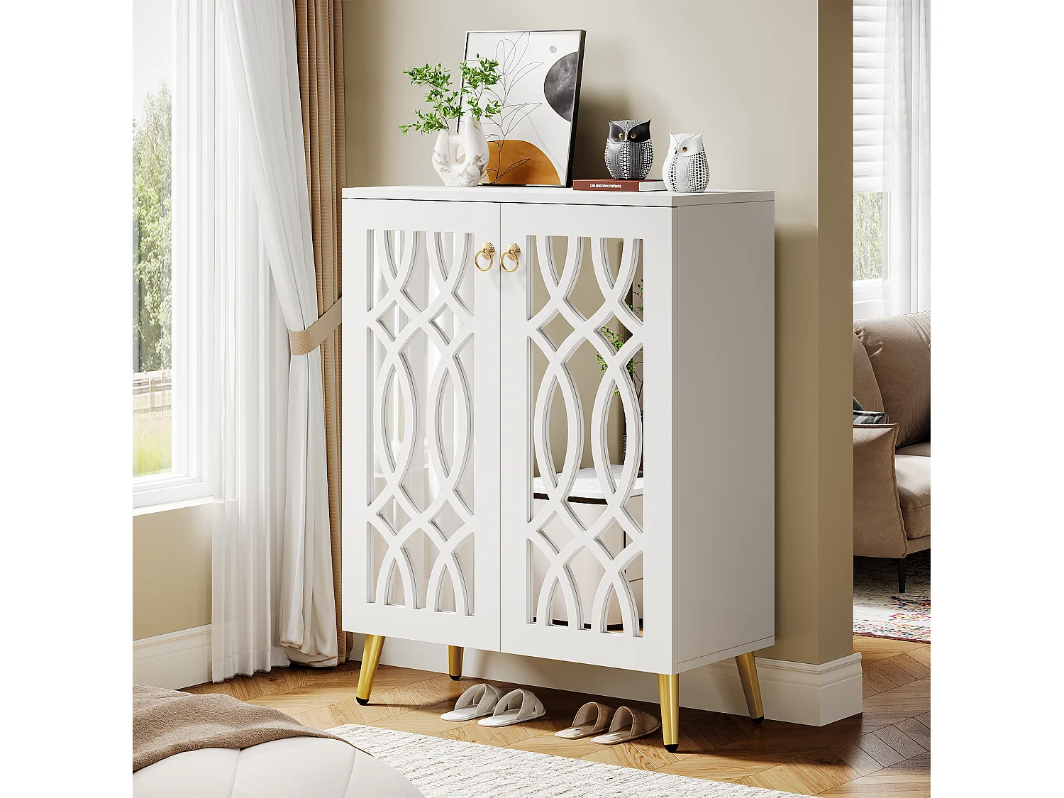 Meuble à chaussures miroir, meuble de rangement à chaussures moderne blanc à 5 niveaux avec portes