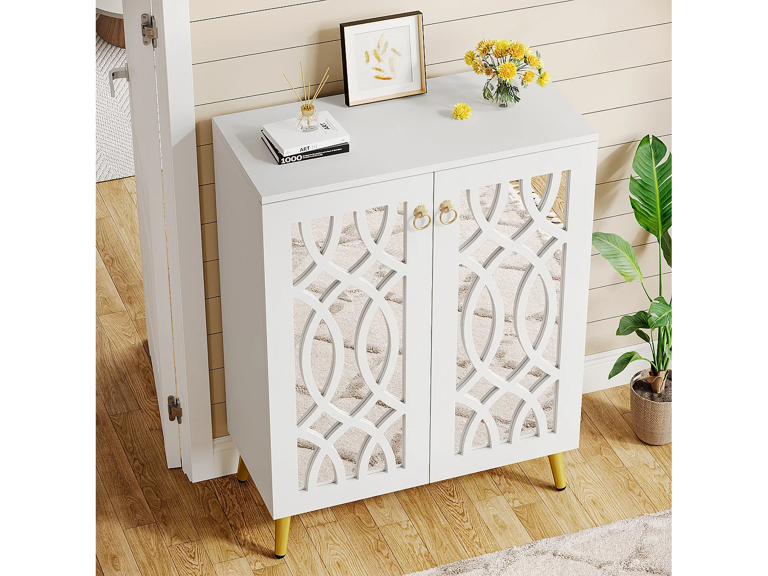 Meuble à chaussures miroir, meuble de rangement à chaussures moderne blanc à 5 niveaux avec portes