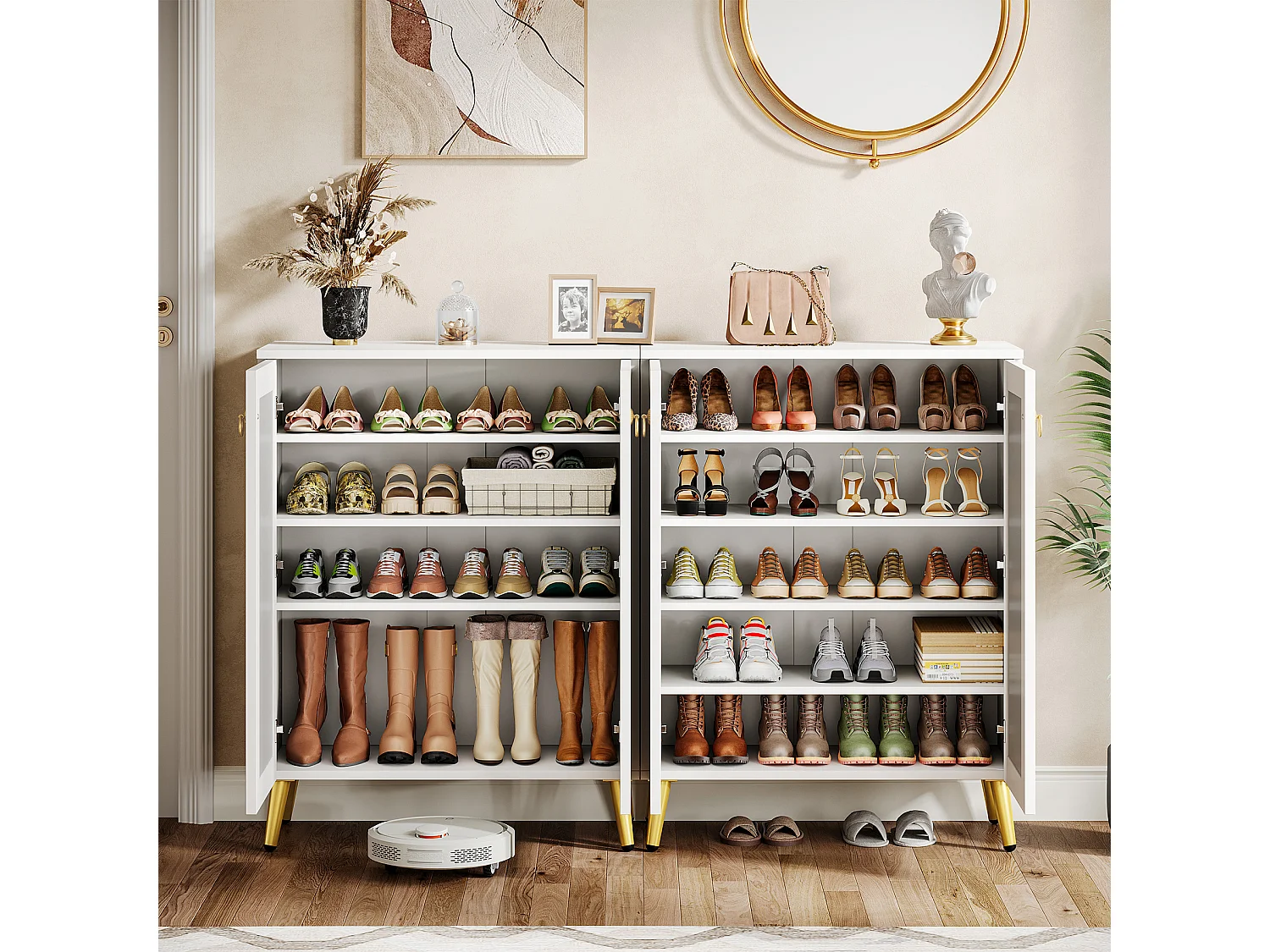 Meuble à chaussures miroir, meuble de rangement à chaussures moderne blanc à 5 niveaux avec portes