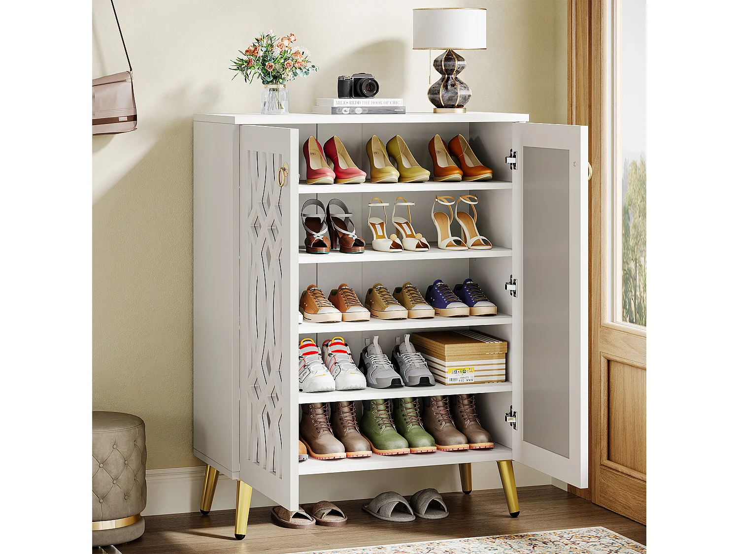 Meuble à chaussures miroir, meuble de rangement à chaussures moderne blanc à 5 niveaux avec portes