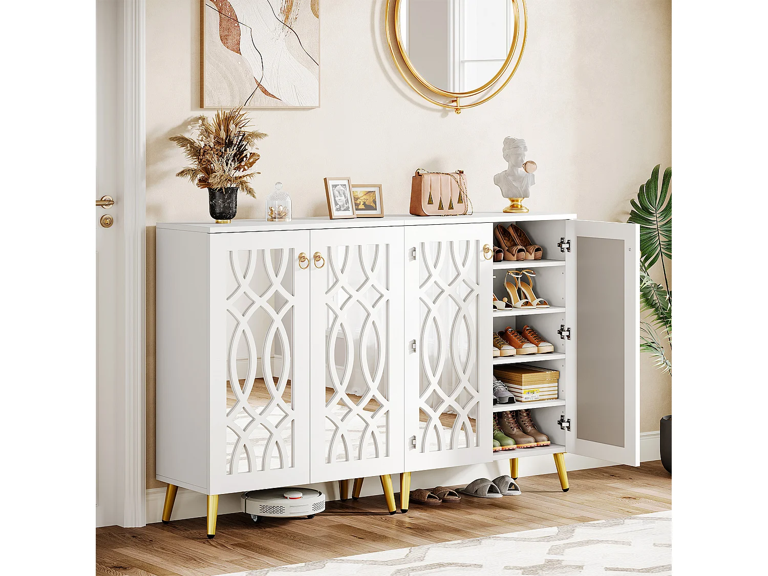 Meuble à chaussures miroir, meuble de rangement à chaussures moderne blanc à 5 niveaux avec portes