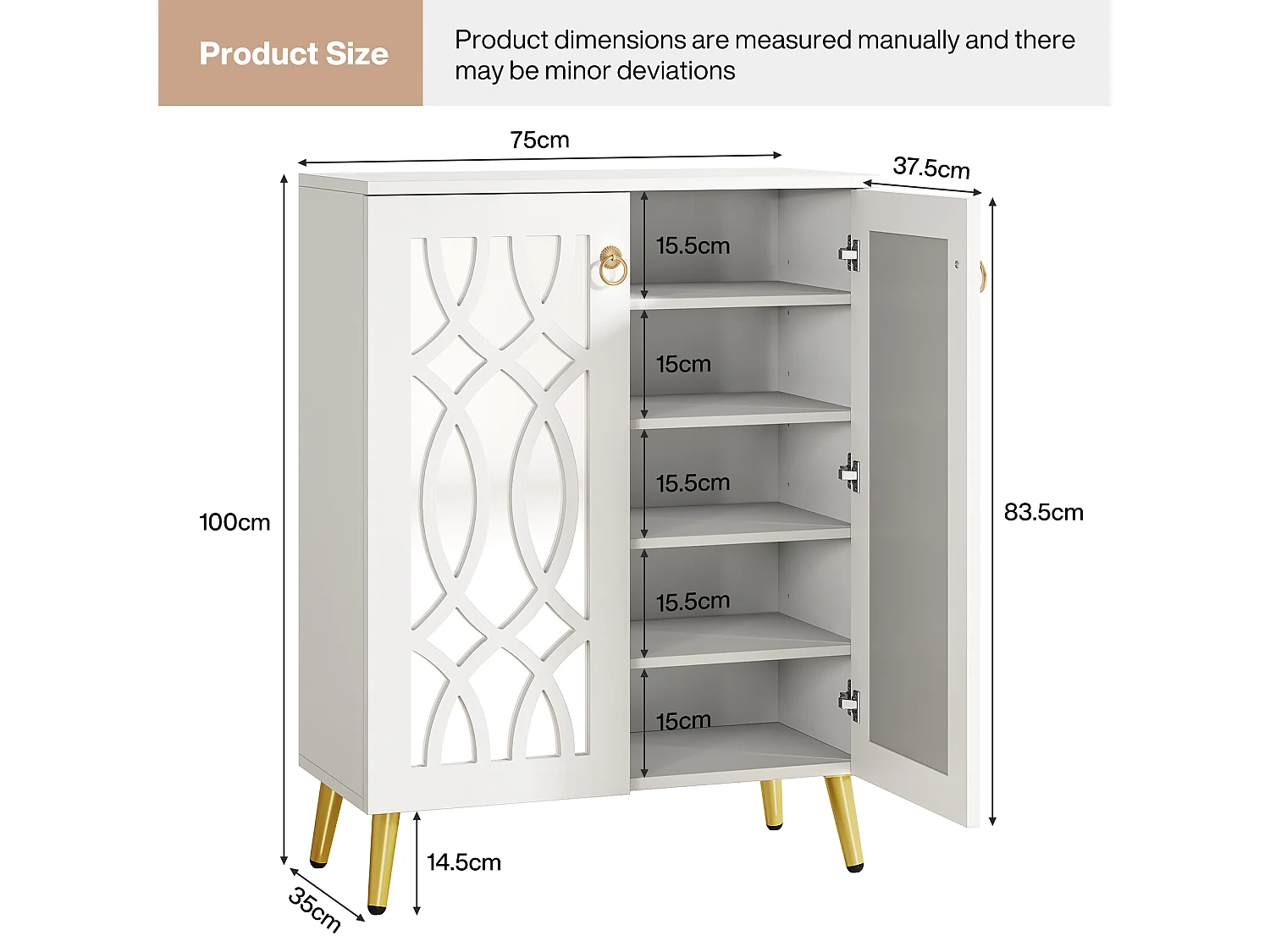 Meuble à chaussures miroir, meuble de rangement à chaussures moderne blanc à 5 niveaux avec portes
