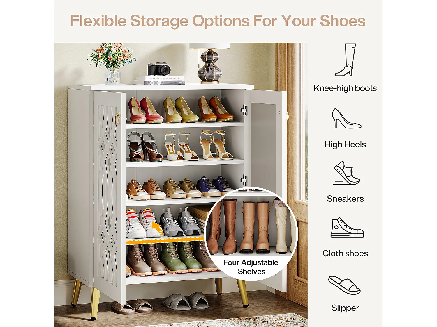 Meuble à chaussures miroir, meuble de rangement à chaussures moderne blanc à 5 niveaux avec portes
