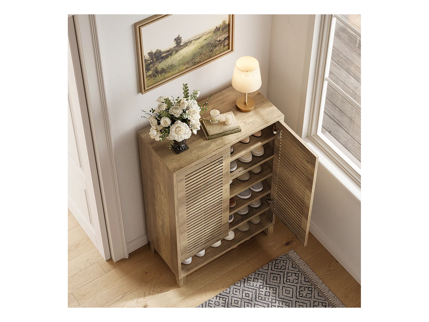 Meuble à chaussures autoportant, meuble d'entrée étroit de style ferme avec 6 étagères