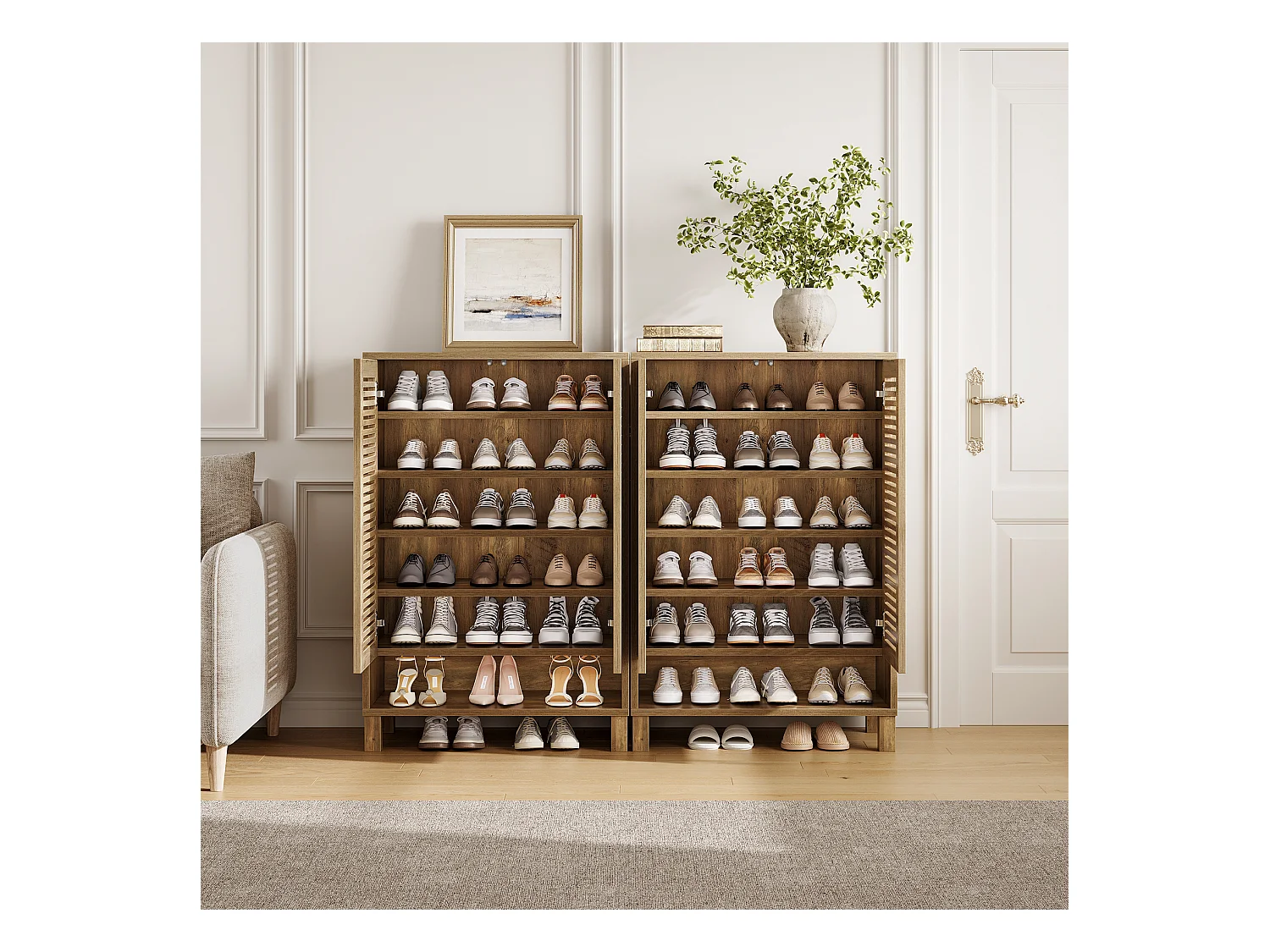 Meuble à chaussures autoportant, meuble d'entrée étroit de style ferme avec 6 étagères