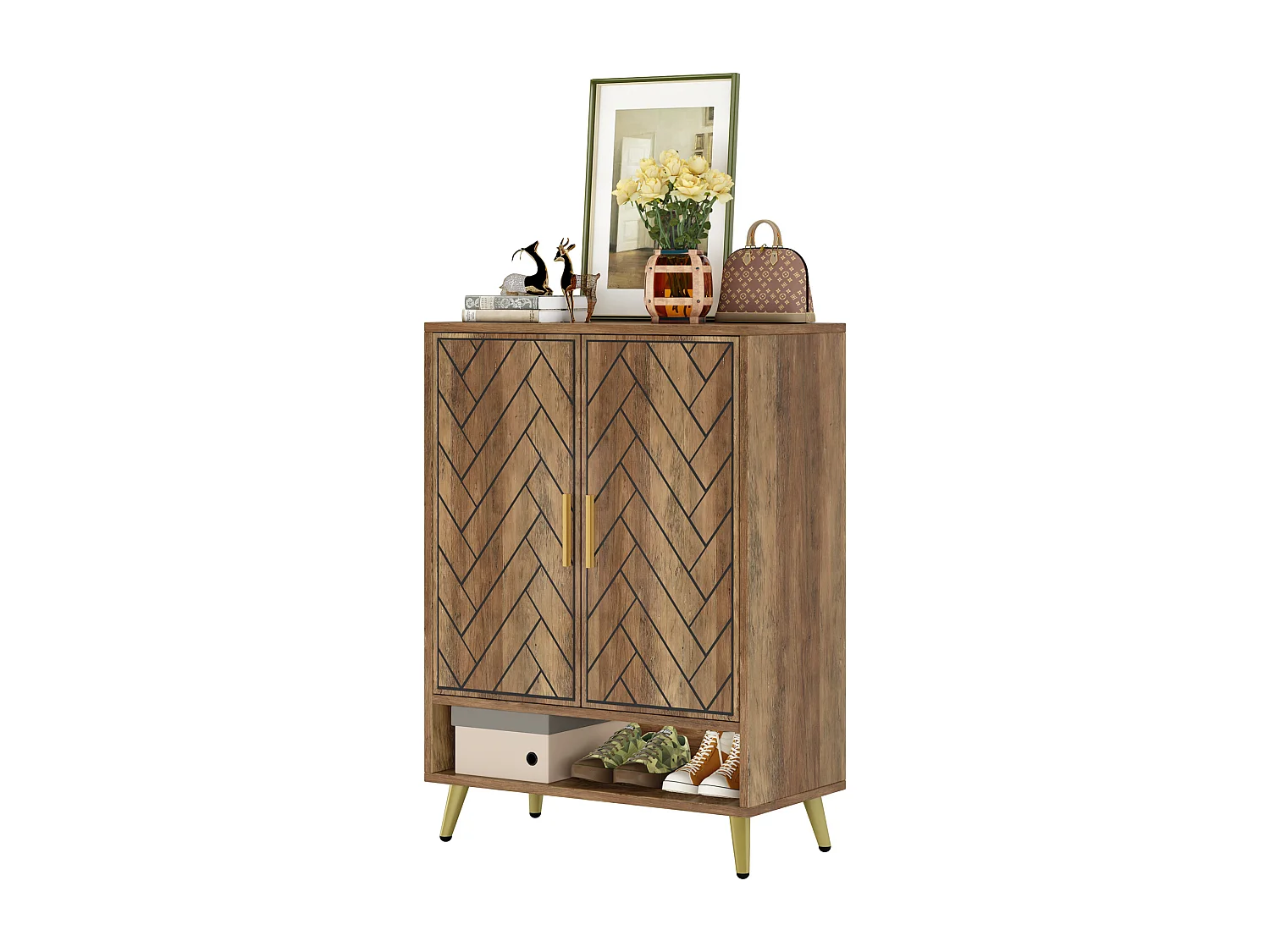 Meuble à chaussures à 6 niveaux avec portes, meuble de rangement en bois avec étagères réglables