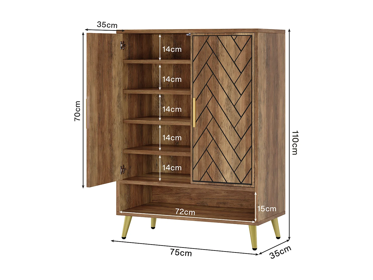 Meuble à chaussures à 6 niveaux avec portes, meuble de rangement en bois avec étagères réglables