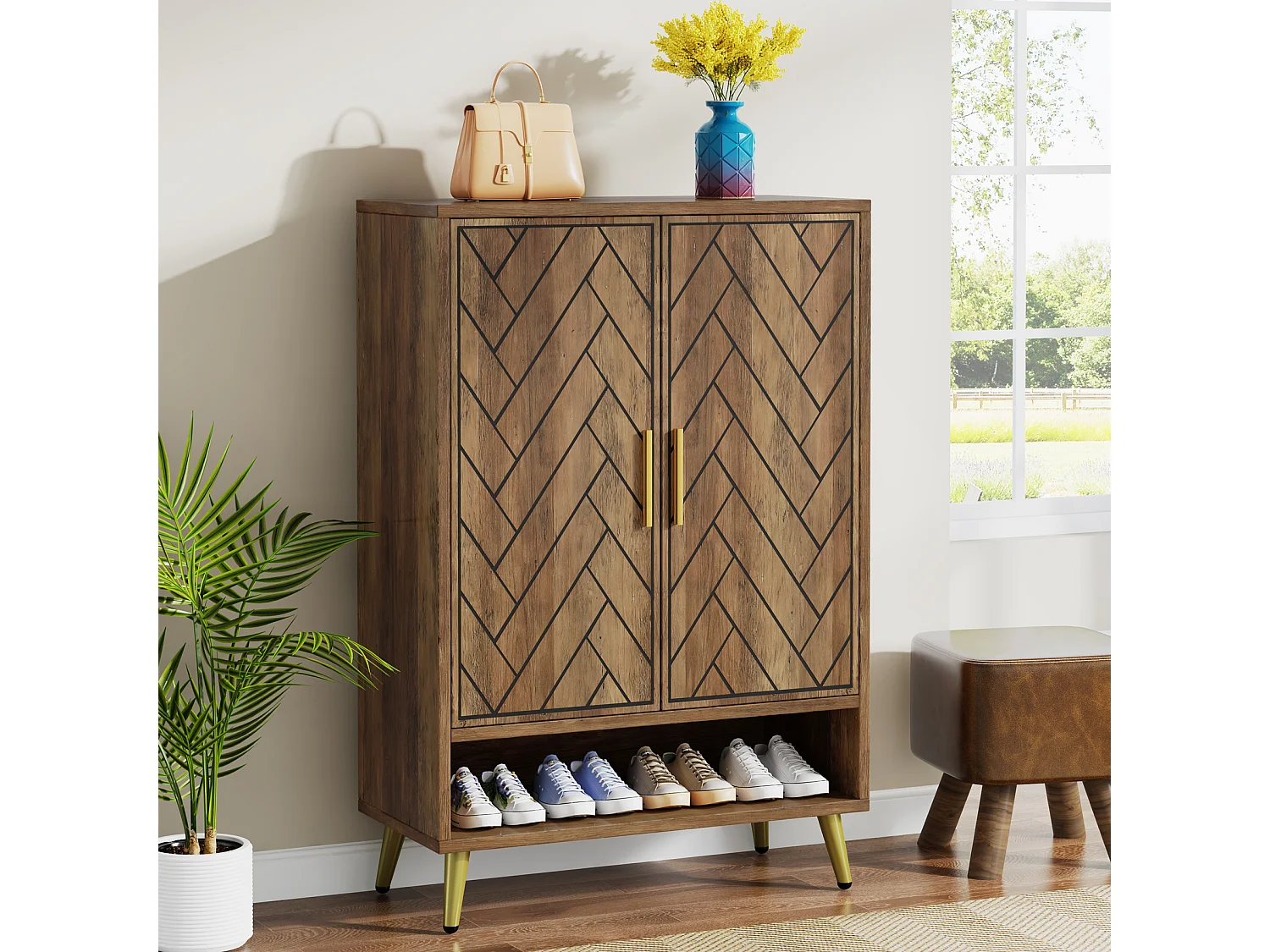 Meuble à chaussures à 6 niveaux avec portes, meuble de rangement en bois avec étagères réglables