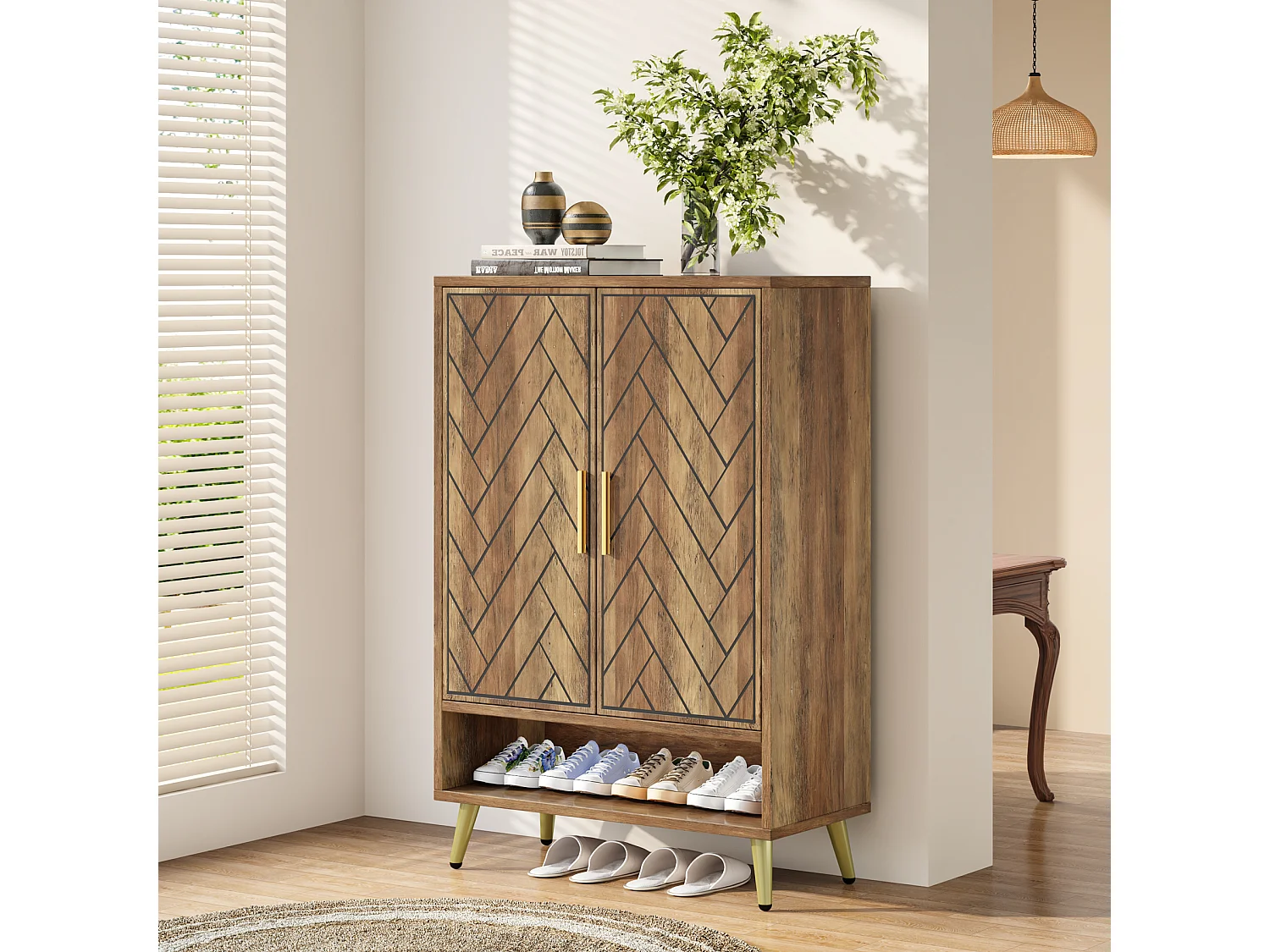 Meuble à chaussures à 6 niveaux avec portes, meuble de rangement en bois avec étagères réglables