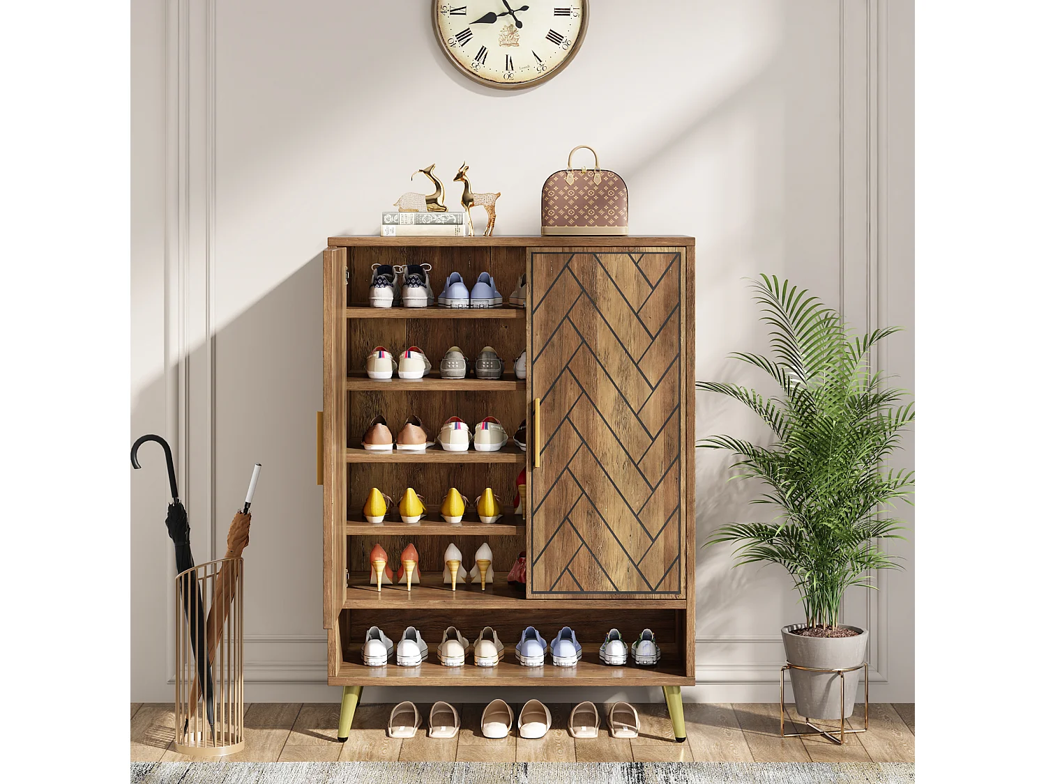 Meuble à chaussures à 6 niveaux avec portes, meuble de rangement en bois avec étagères réglables