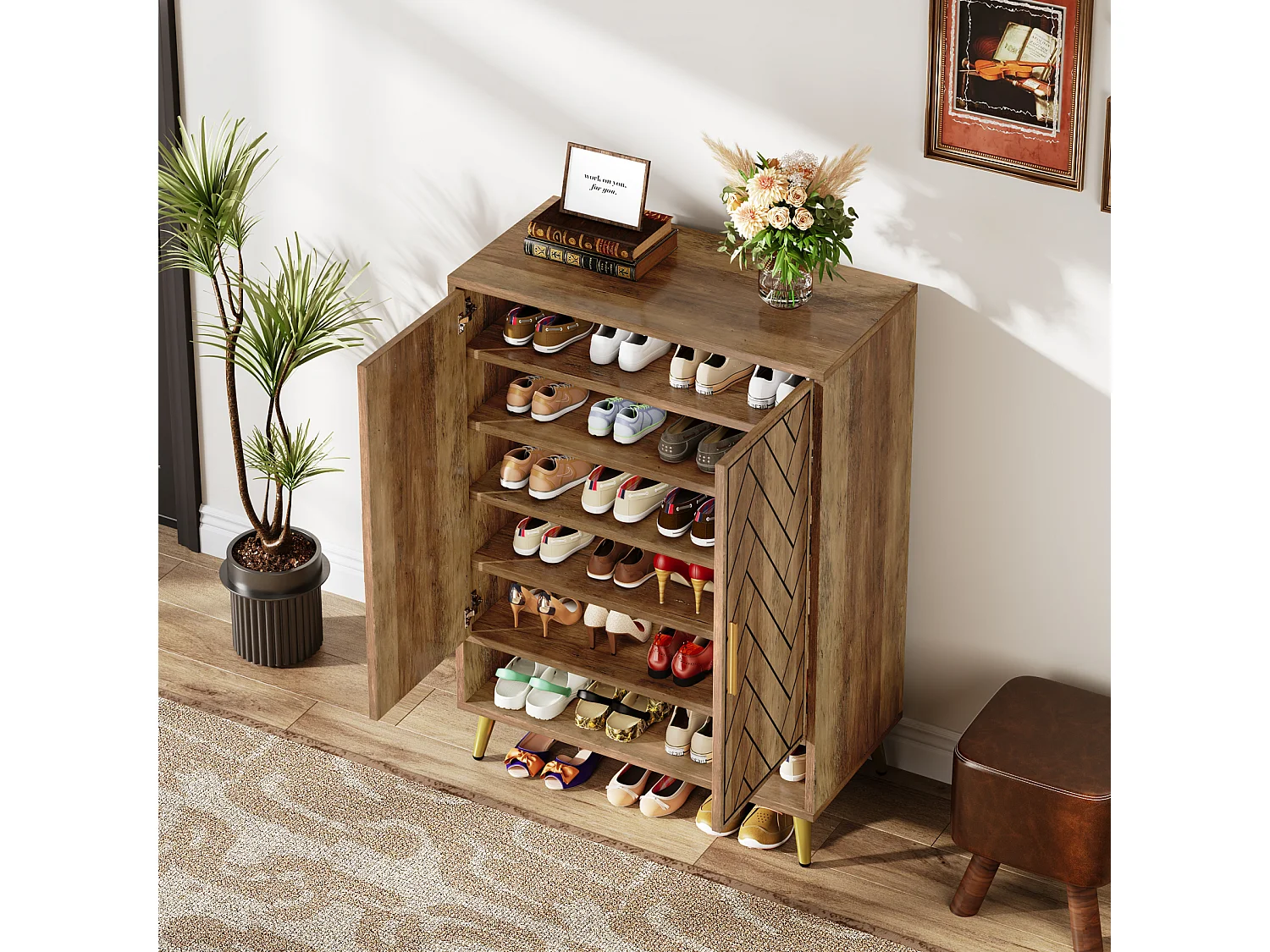 Meuble à chaussures à 6 niveaux avec portes, meuble de rangement en bois avec étagères réglables