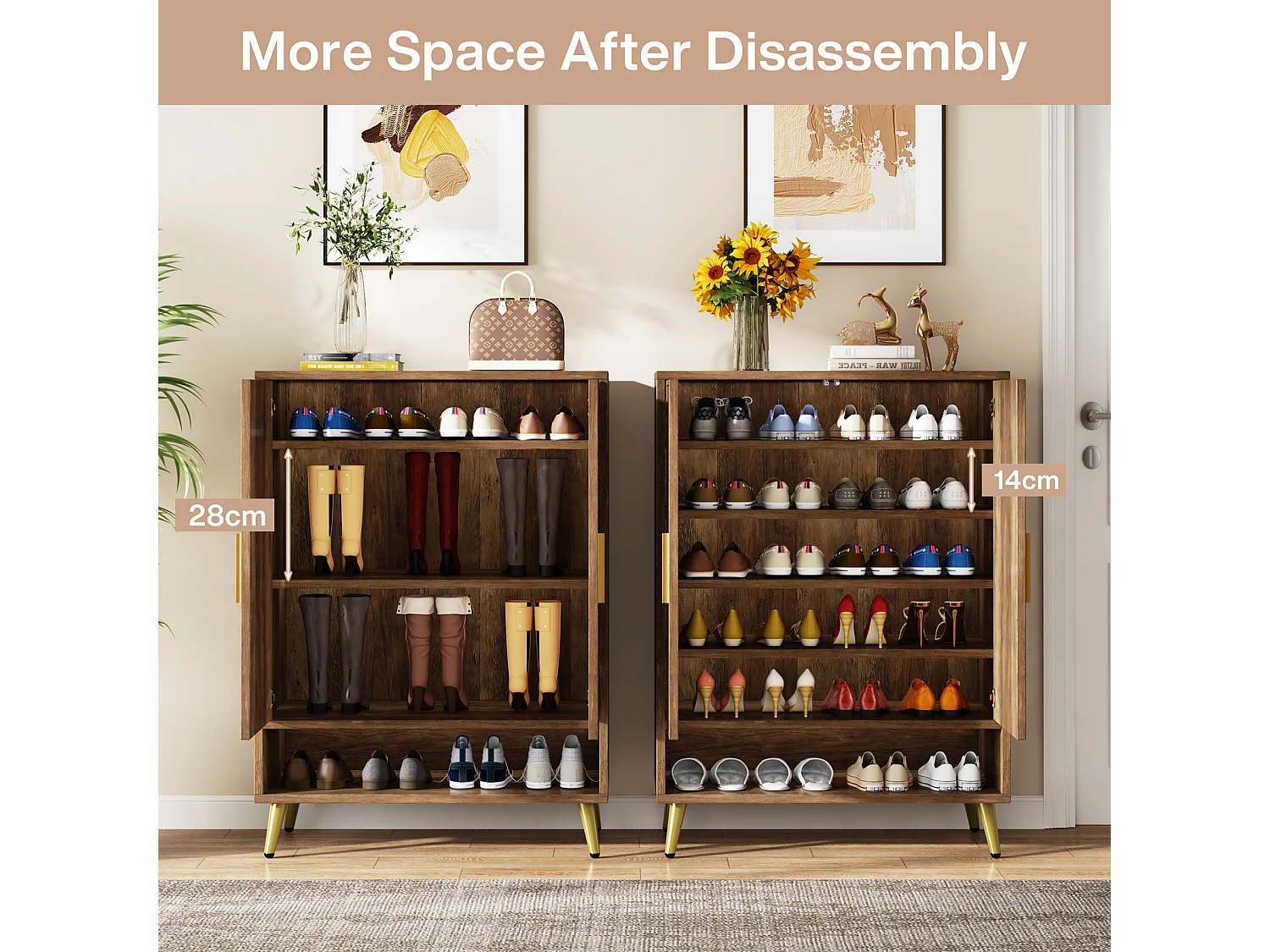 Meuble à chaussures à 6 niveaux avec portes, meuble de rangement en bois avec étagères réglables