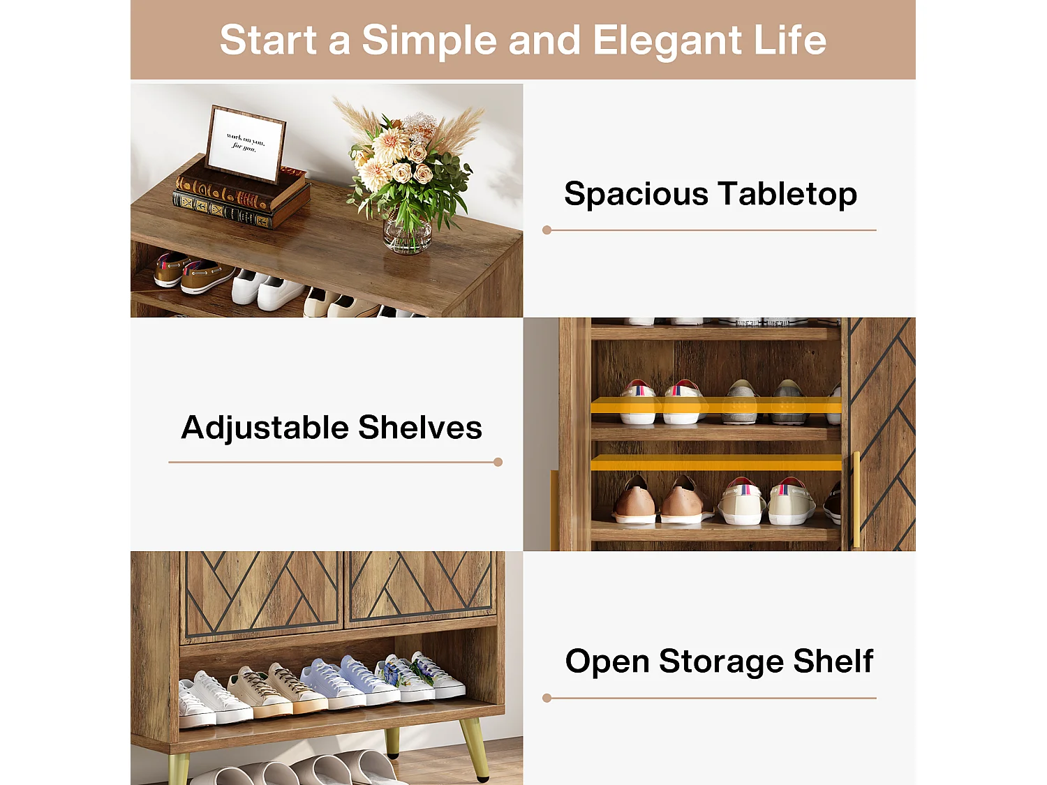 Meuble à chaussures à 6 niveaux avec portes, meuble de rangement en bois avec étagères réglables