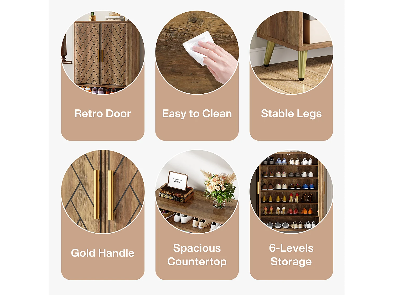 Meuble à chaussures à 6 niveaux avec portes, meuble de rangement en bois avec étagères réglables