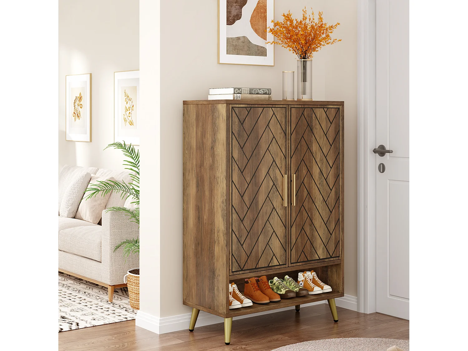 Meuble à chaussures à 6 niveaux avec portes, meuble de rangement en bois avec étagères réglables