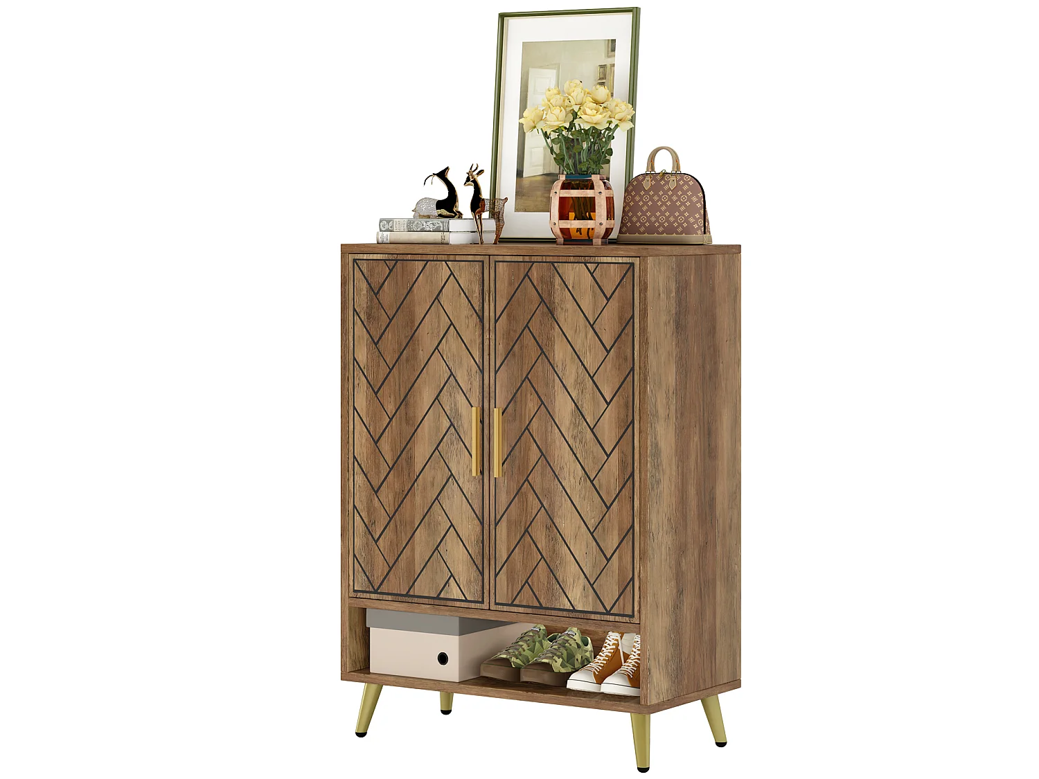 Meuble à chaussures à 6 niveaux avec portes, meuble de rangement en bois avec étagères réglables