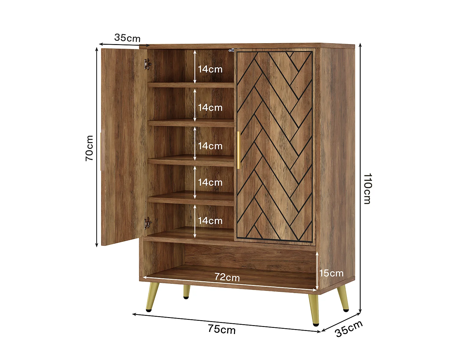 Meuble à chaussures à 6 niveaux avec portes, meuble de rangement en bois avec étagères réglables