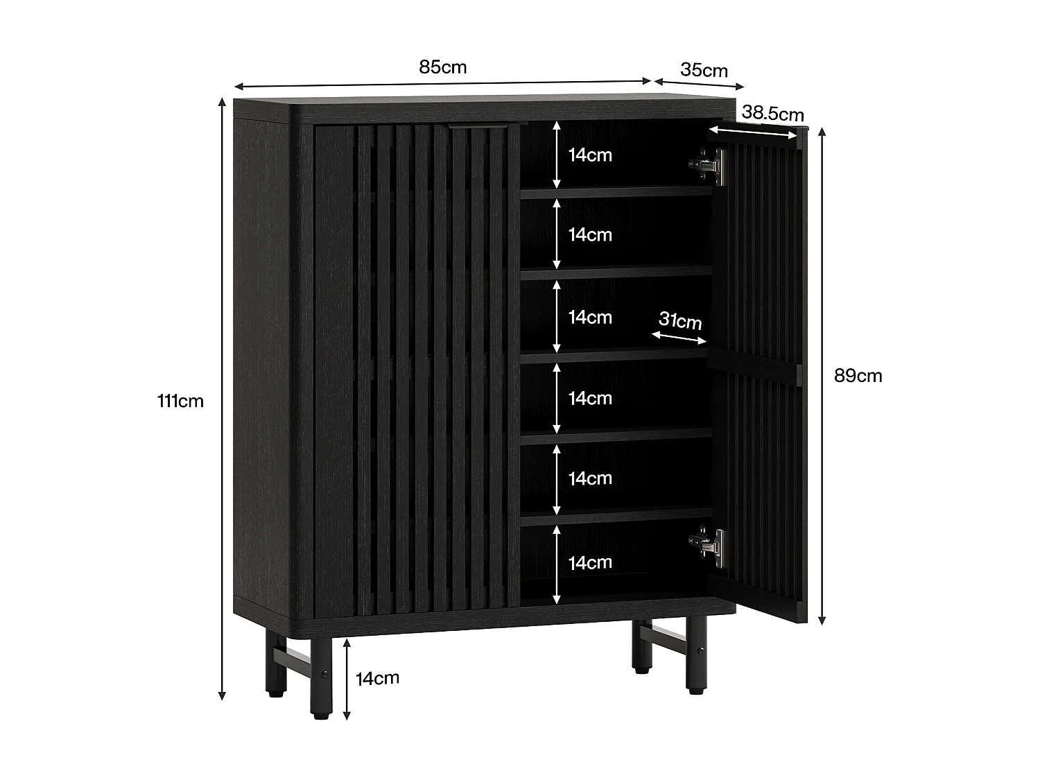 Meuble à chaussures noir à 6 niveaux avec portes à volets, étagère à chaussures en bois avec étagères réglables