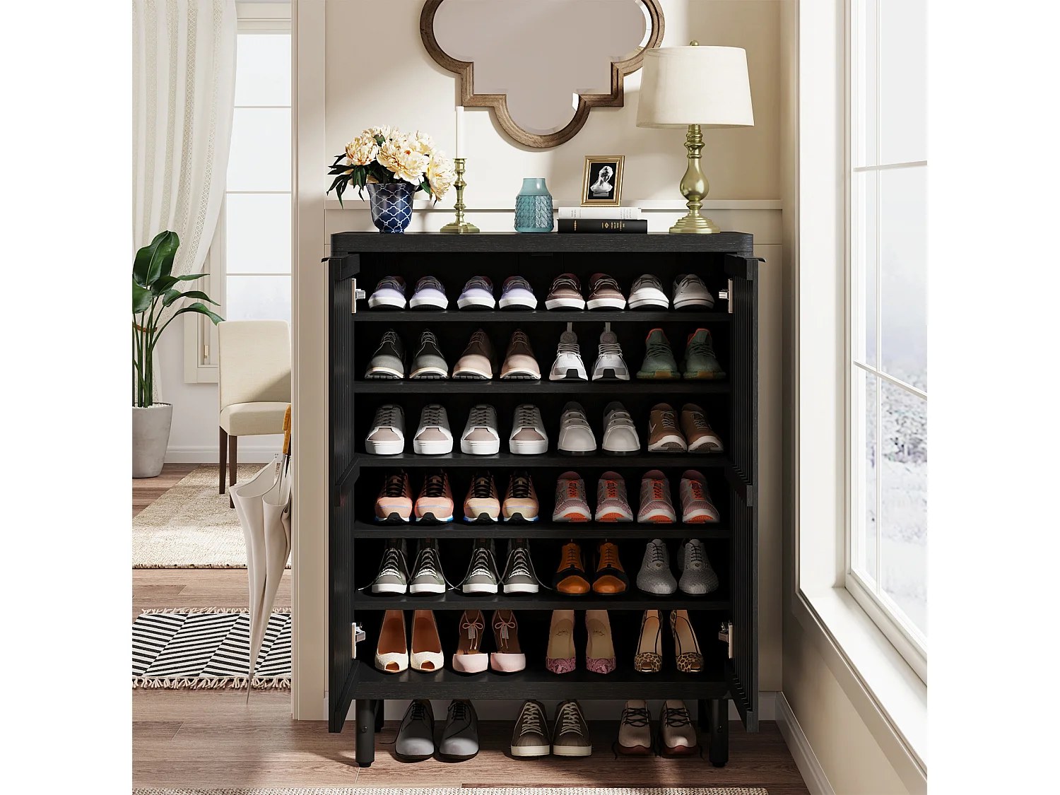 Meuble à chaussures noir à 6 niveaux avec portes à volets, étagère à chaussures en bois avec étagères réglables