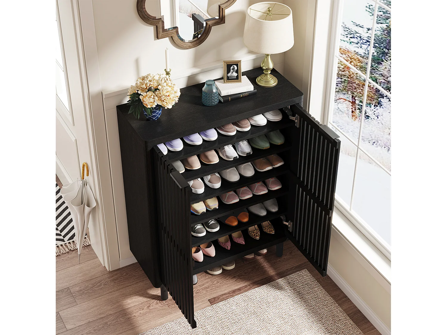 Meuble à chaussures noir à 6 niveaux avec portes à volets, étagère à chaussures en bois avec étagères réglables