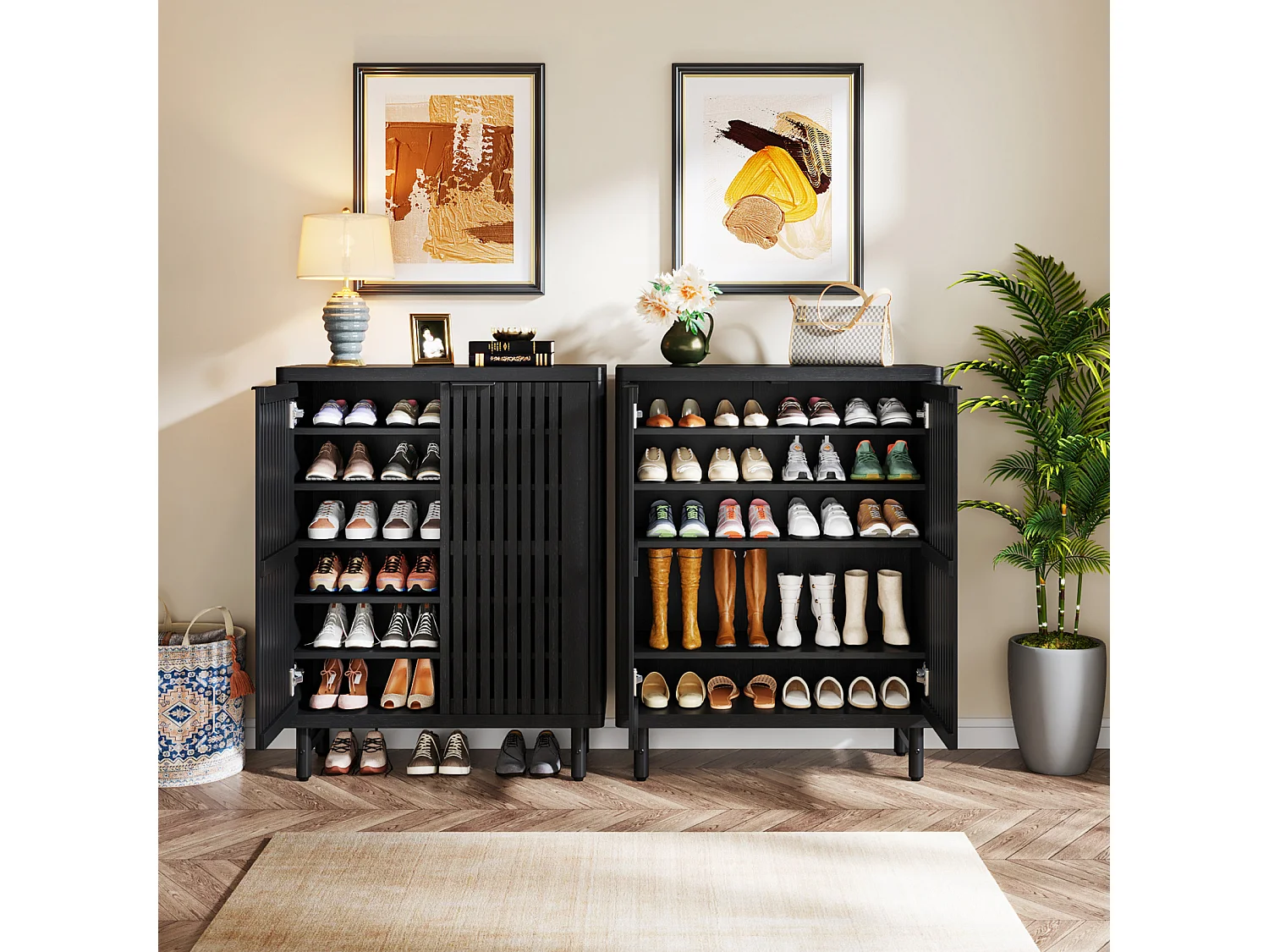 Meuble à chaussures noir à 6 niveaux avec portes à volets, étagère à chaussures en bois avec étagères réglables