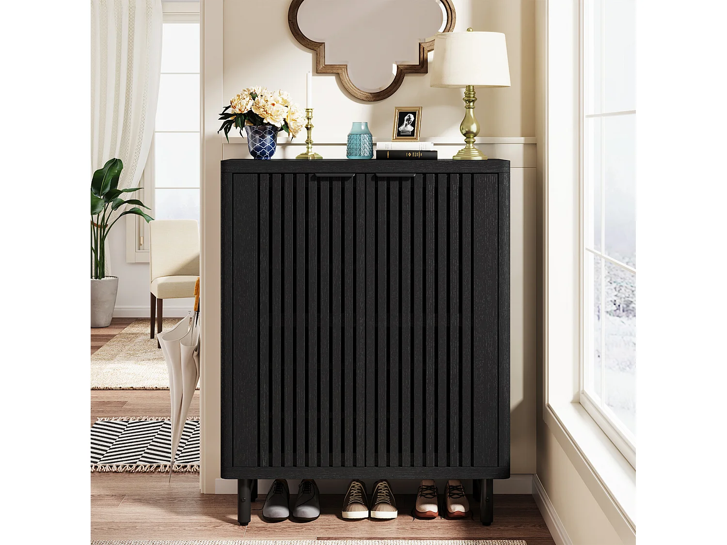 Meuble à chaussures noir à 6 niveaux avec portes à volets, étagère à chaussures en bois avec étagères réglables