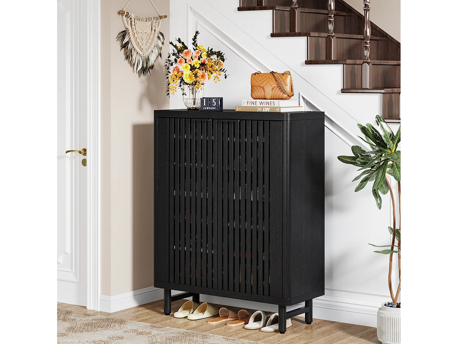 Meuble à chaussures noir à 6 niveaux avec portes à volets, étagère à chaussures en bois avec étagères réglables