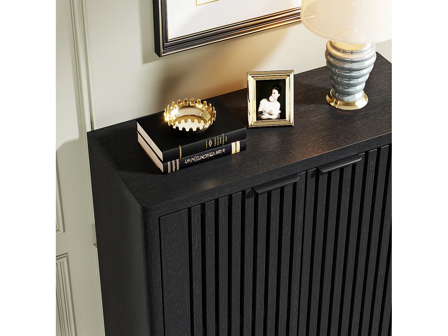 Meuble à chaussures noir à 6 niveaux avec portes à volets, étagère à chaussures en bois avec étagères réglables