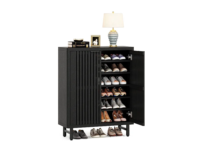 Meuble à chaussures noir à 6 niveaux avec portes à volets, étagère à chaussures en bois avec étagères réglables