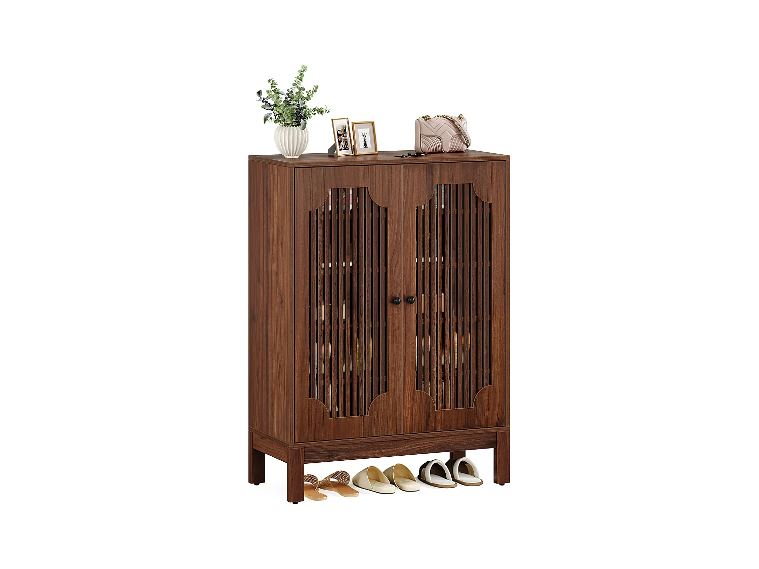 Meuble à chaussures avec portes à lattes, meuble à chaussures à 5 niveaux avec étagères réglables, étagère à chaussures pour 20 paires