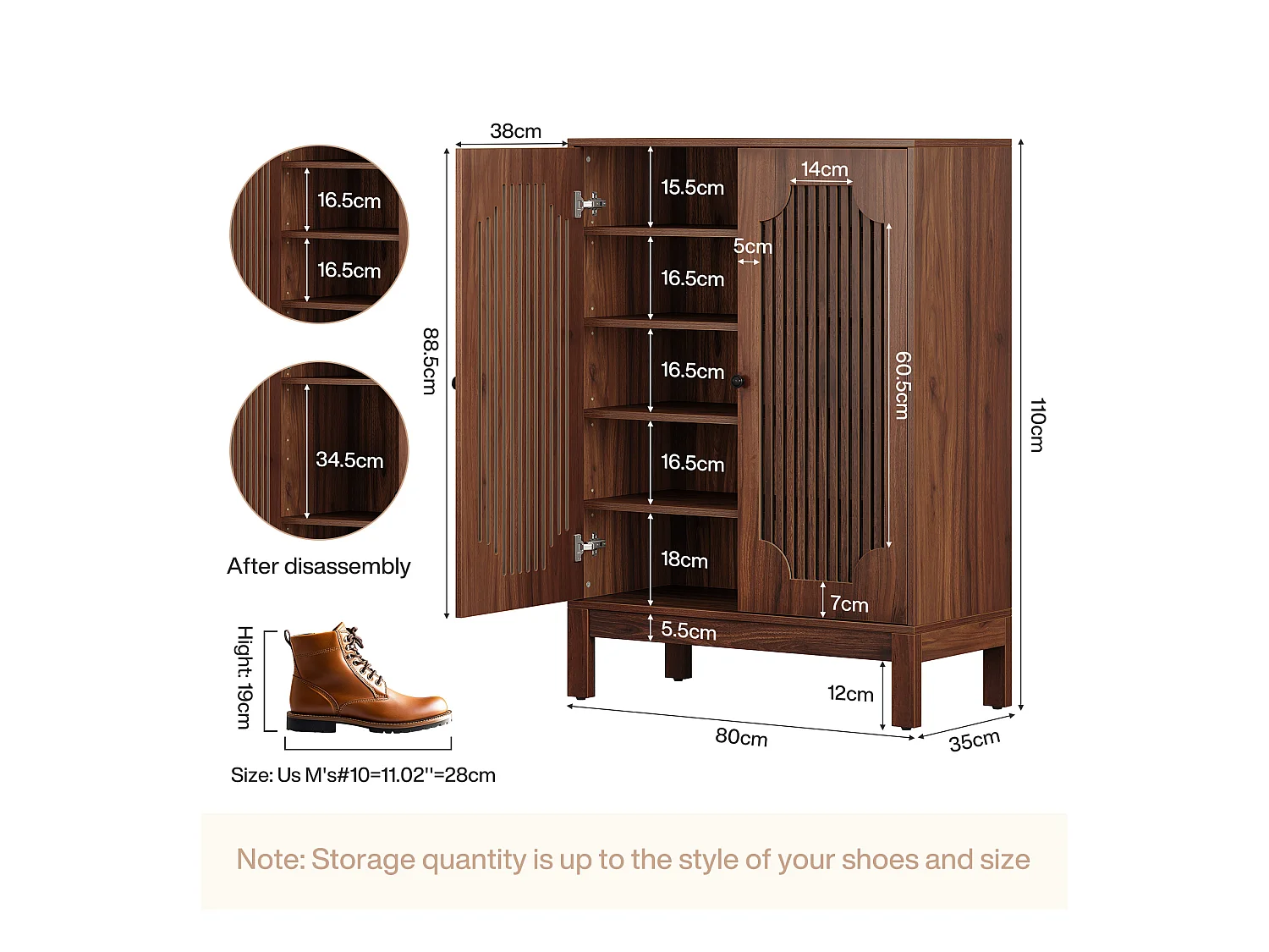 Meuble à chaussures avec portes à lattes, meuble à chaussures à 5 niveaux avec étagères réglables, étagère à chaussures pour 20 paires