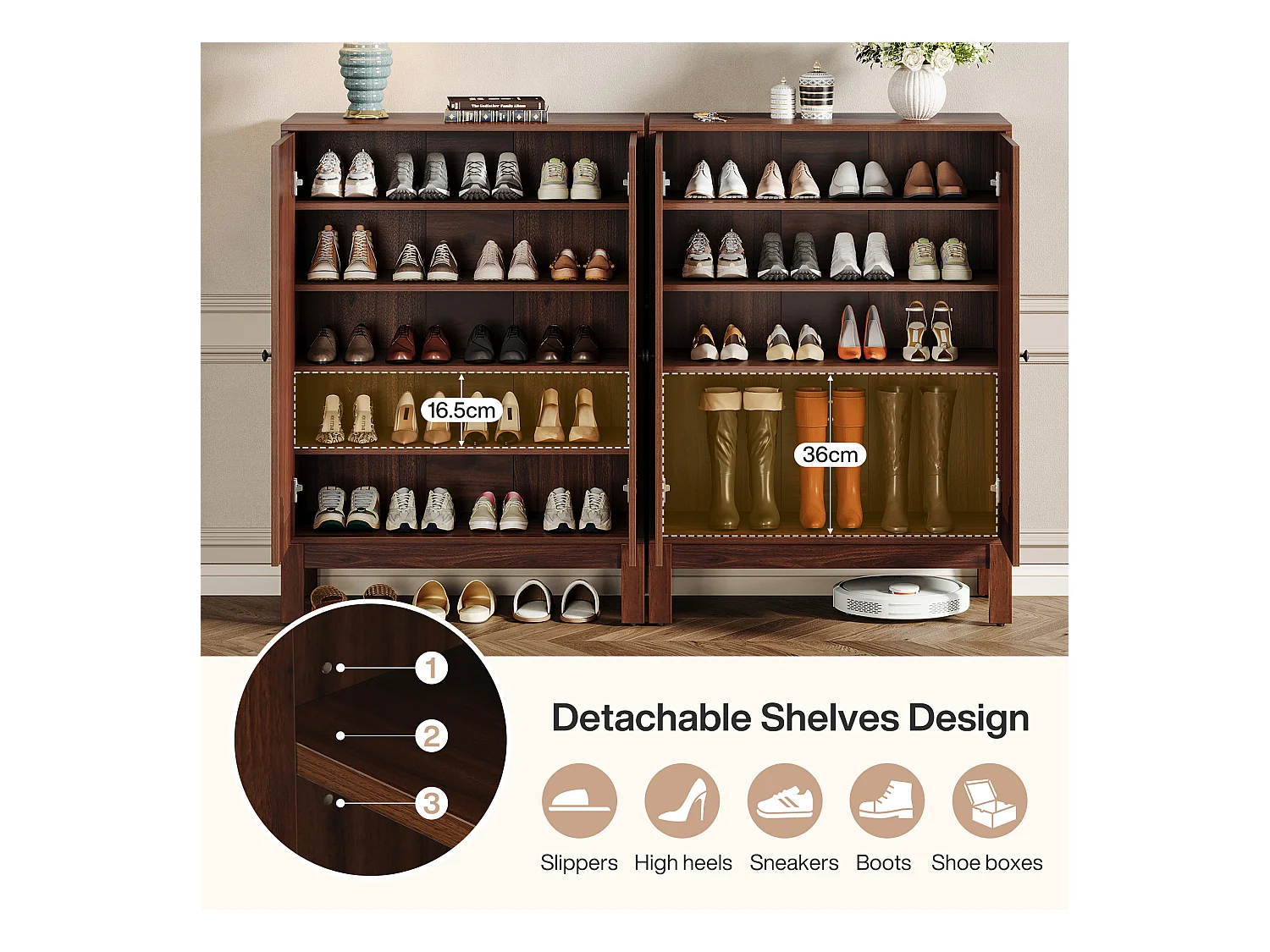 Meuble à chaussures avec portes à lattes, meuble à chaussures à 5 niveaux avec étagères réglables, étagère à chaussures pour 20 paires