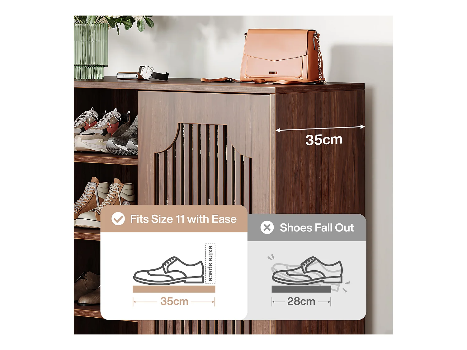 Meuble à chaussures avec portes à lattes, meuble à chaussures à 5 niveaux avec étagères réglables, étagère à chaussures pour 20 paires