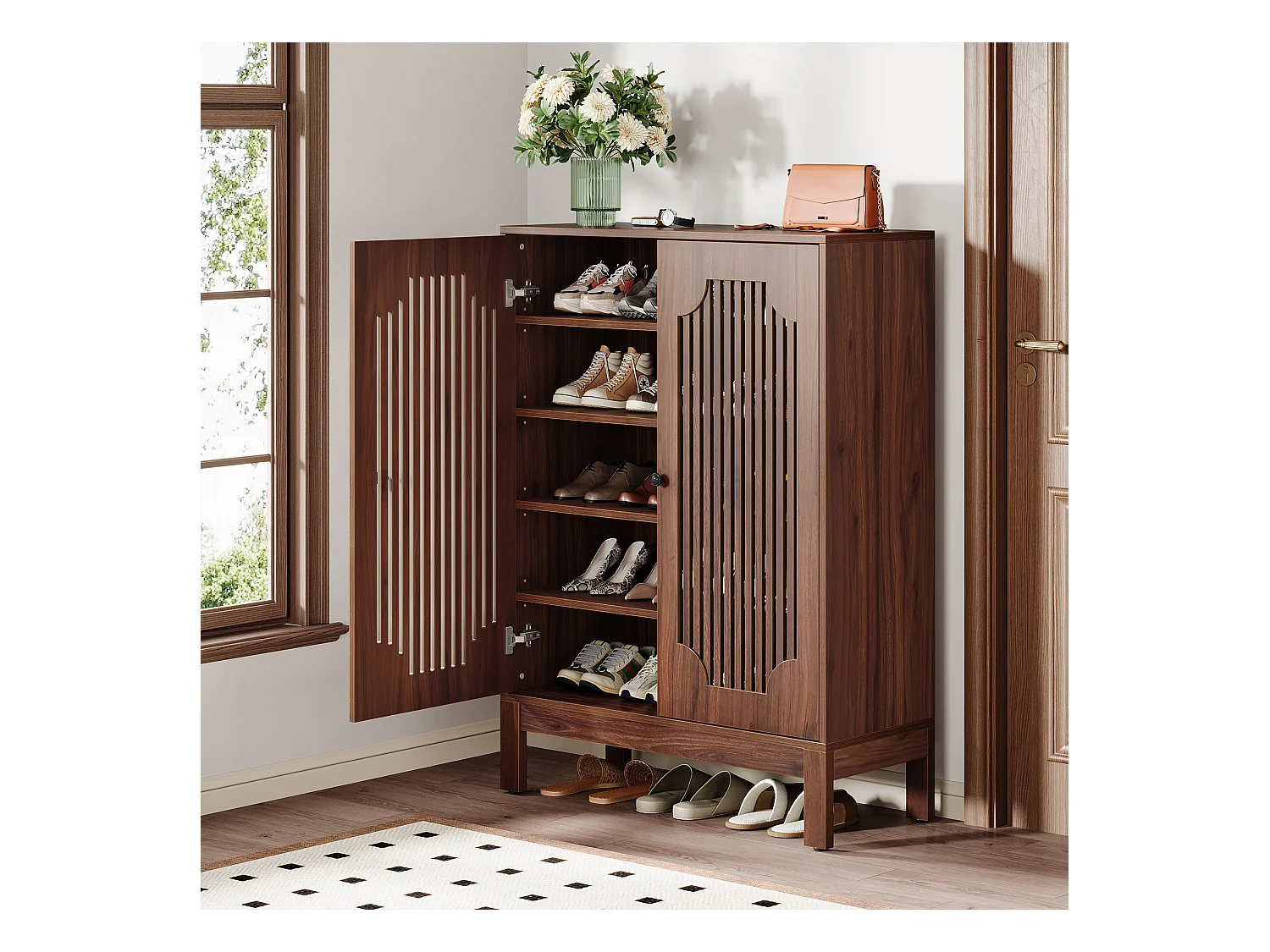 Meuble à chaussures avec portes à lattes, meuble à chaussures à 5 niveaux avec étagères réglables, étagère à chaussures pour 20 paires