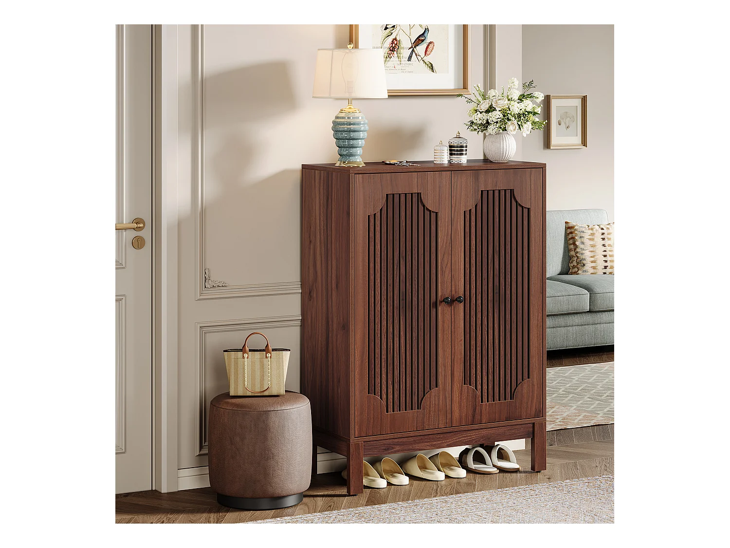 Meuble à chaussures avec portes à lattes, meuble à chaussures à 5 niveaux avec étagères réglables, étagère à chaussures pour 20 paires