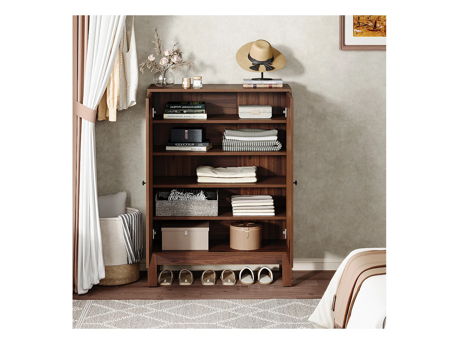 Meuble à chaussures avec portes à lattes, meuble à chaussures à 5 niveaux avec étagères réglables, étagère à chaussures pour 20 paires