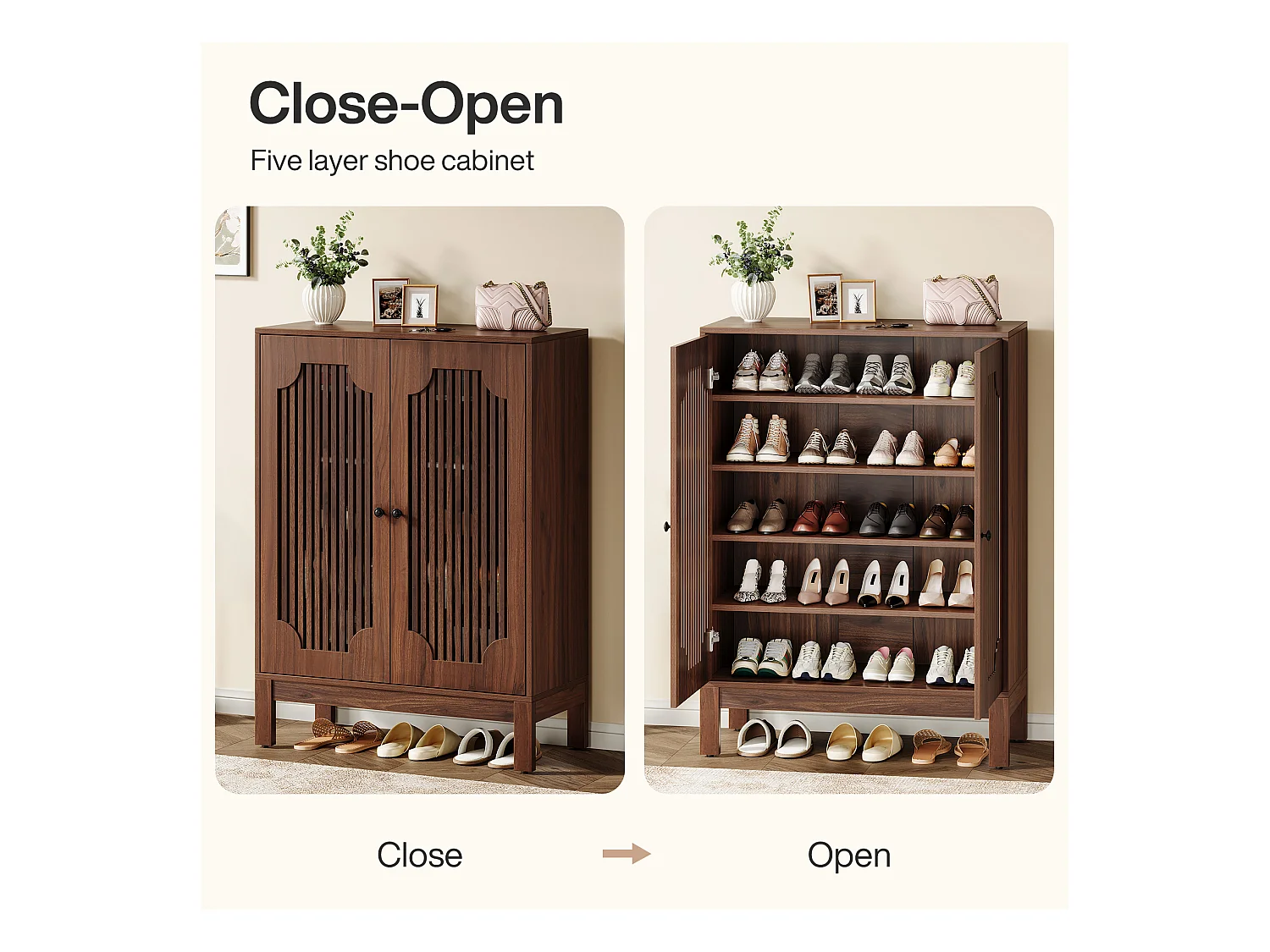 Meuble à chaussures avec portes à lattes, meuble à chaussures à 5 niveaux avec étagères réglables, étagère à chaussures pour 20 paires
