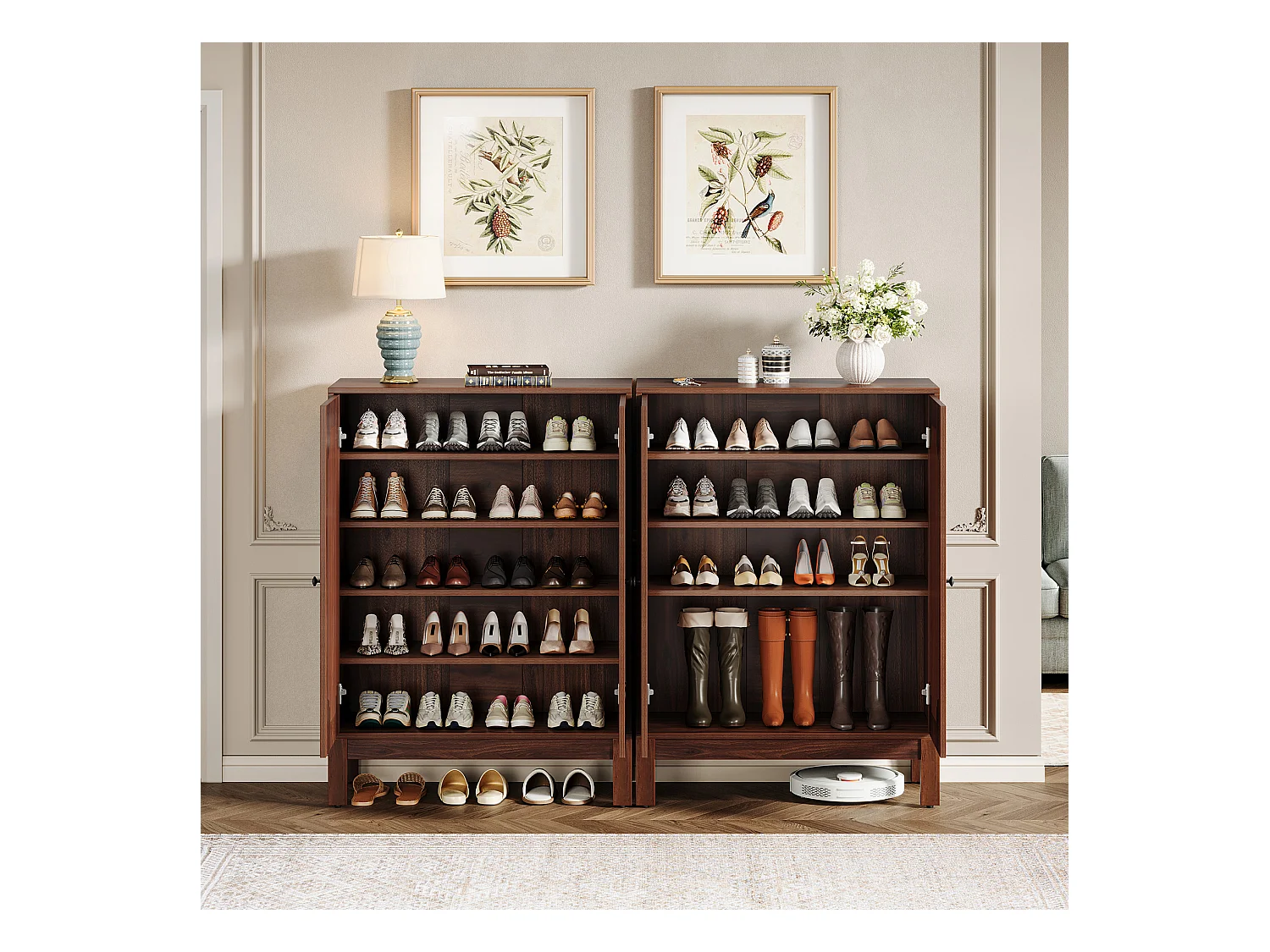 Meuble à chaussures avec portes à lattes, meuble à chaussures à 5 niveaux avec étagères réglables, étagère à chaussures pour 20 paires