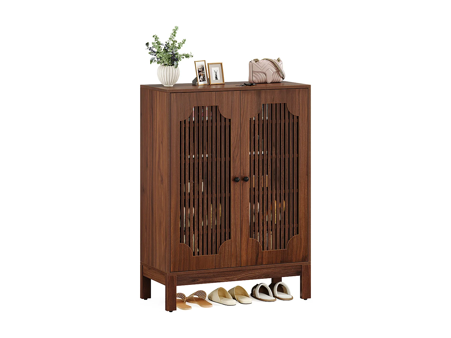 Meuble à chaussures avec portes à lattes, meuble à chaussures à 5 niveaux avec étagères réglables, étagère à chaussures pour 20 paires