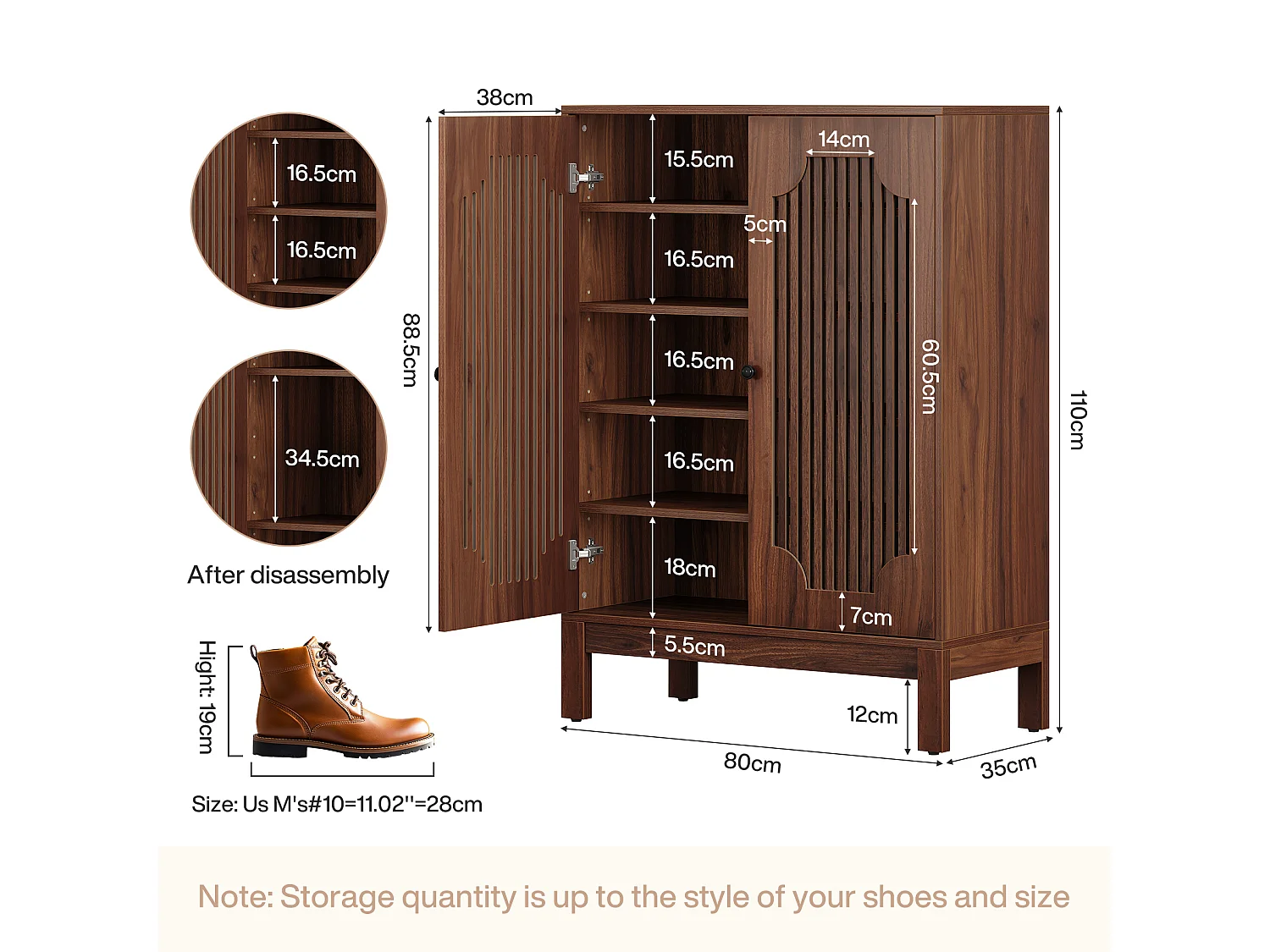 Meuble à chaussures avec portes à lattes, meuble à chaussures à 5 niveaux avec étagères réglables, étagère à chaussures pour 20 paires