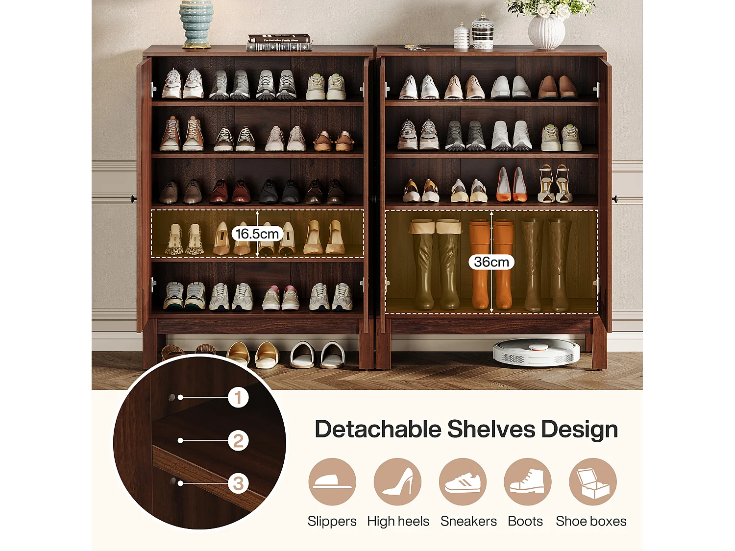 Meuble à chaussures avec portes à lattes, meuble à chaussures à 5 niveaux avec étagères réglables, étagère à chaussures pour 20 paires