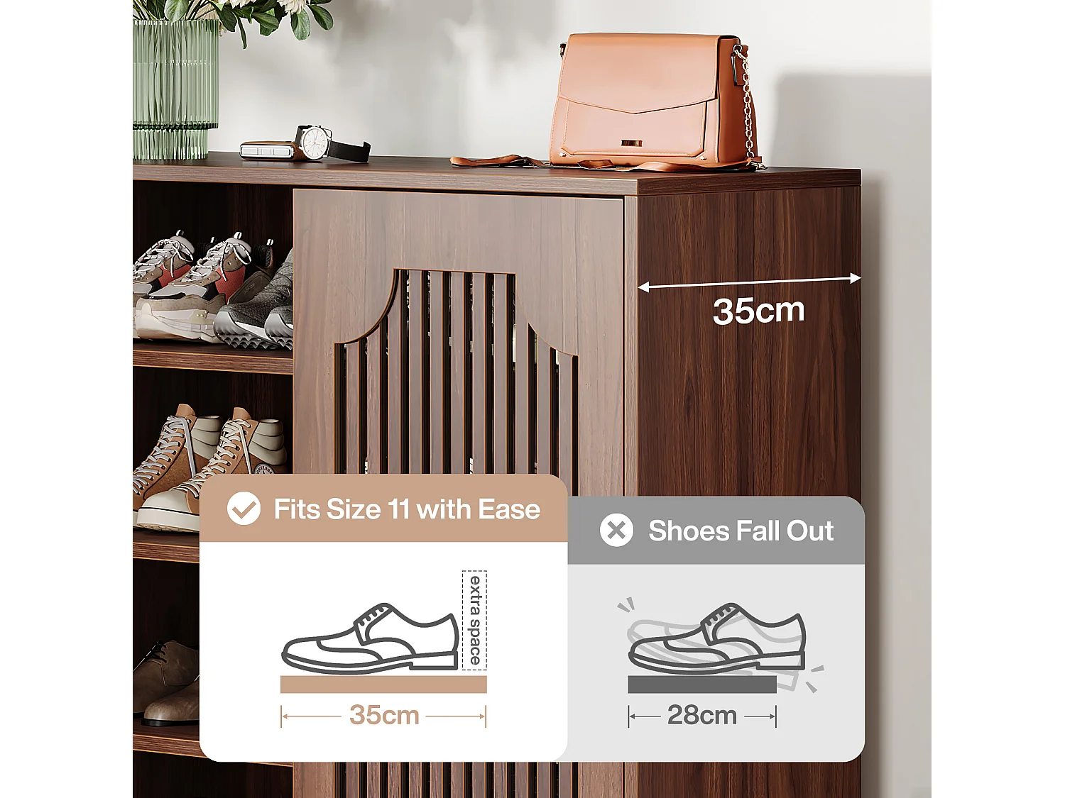 Meuble à chaussures avec portes à lattes, meuble à chaussures à 5 niveaux avec étagères réglables, étagère à chaussures pour 20 paires