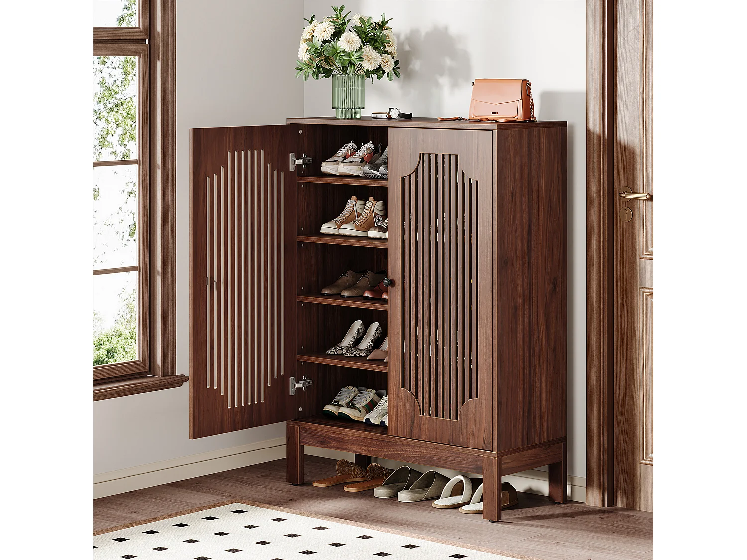 Meuble à chaussures avec portes à lattes, meuble à chaussures à 5 niveaux avec étagères réglables, étagère à chaussures pour 20 paires