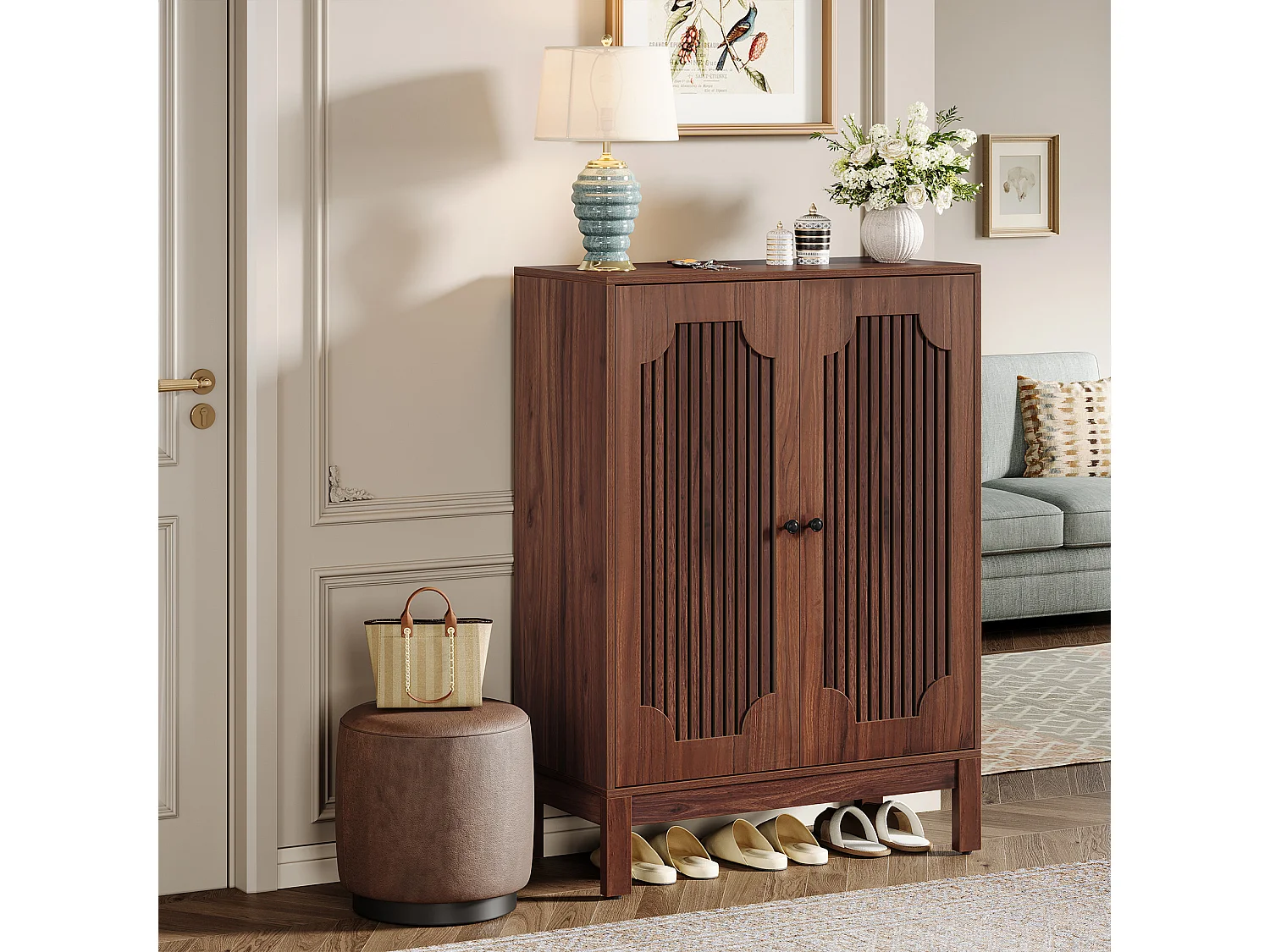 Meuble à chaussures avec portes à lattes, meuble à chaussures à 5 niveaux avec étagères réglables, étagère à chaussures pour 20 paires