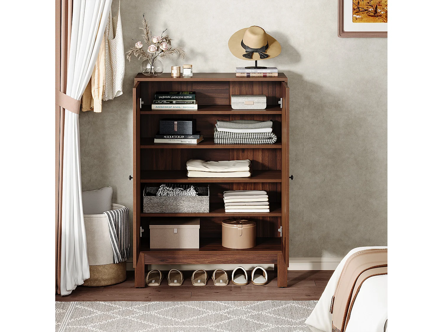 Meuble à chaussures avec portes à lattes, meuble à chaussures à 5 niveaux avec étagères réglables, étagère à chaussures pour 20 paires